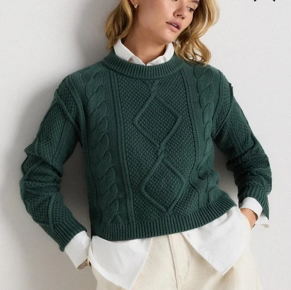 ✅ Quince 100% Organic Cotton Cropped Cable Knit Crew Sweater, Big Sur (XS) - Picture 6 of 16